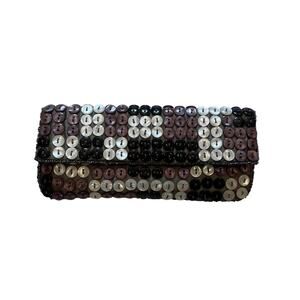 K.C. Malhan Gray, Brown, Neutral Button Clutch/Purse with Beaded Detail